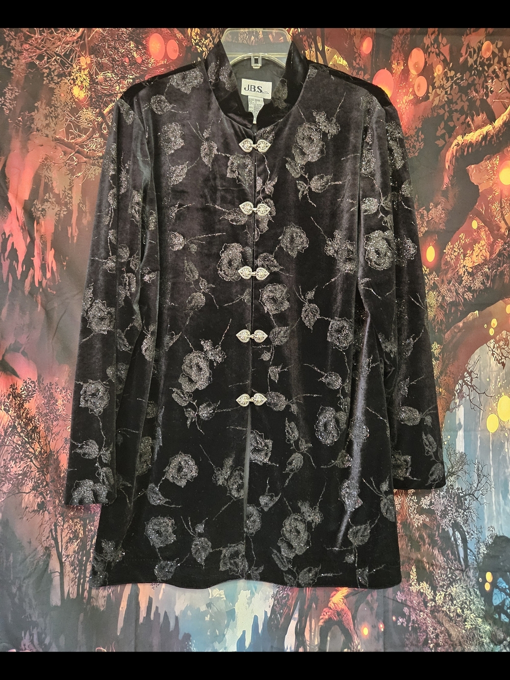 JBS Vintage Black Velvet Floral Mandarin Jacket